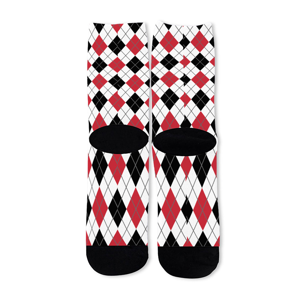 Red Black And White Argyle Pattern Print Long Socks
