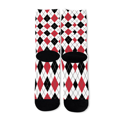 Red Black And White Argyle Pattern Print Long Socks