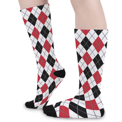 Red Black And White Argyle Pattern Print Long Socks