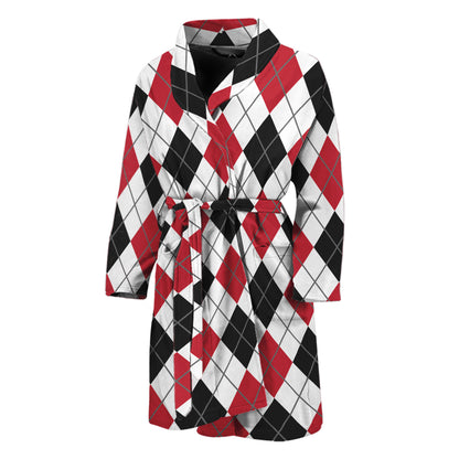 Red Black And White Argyle Pattern Print Men's Bathrobe