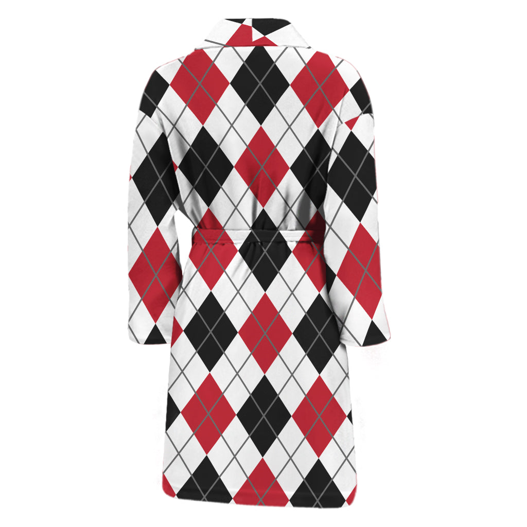 Red Black And White Argyle Pattern Print Men's Bathrobe