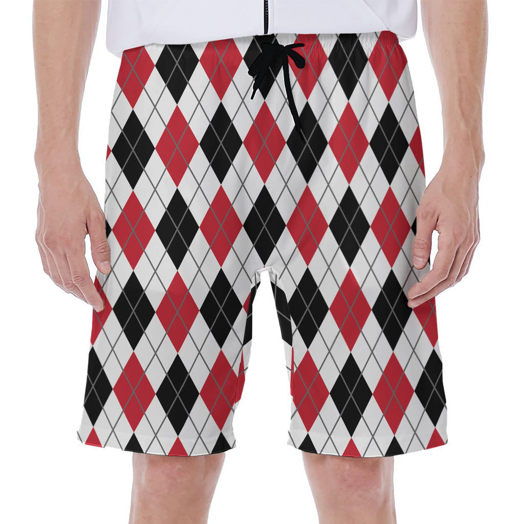 Red Black And White Argyle Pattern Print Men's Beach Shorts