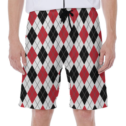 Red Black And White Argyle Pattern Print Men's Beach Shorts