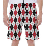 Red Black And White Argyle Pattern Print Men's Beach Shorts