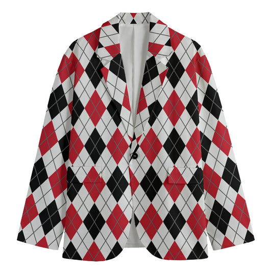 Red Black And White Argyle Pattern Print Men's Blazer