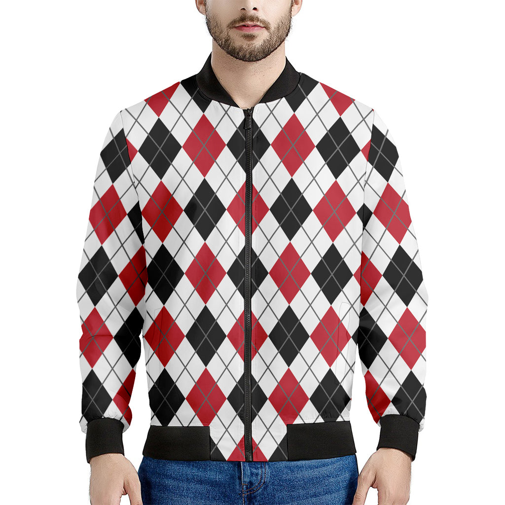 Red Black And White Argyle Pattern Print Men's Bomber Jacket