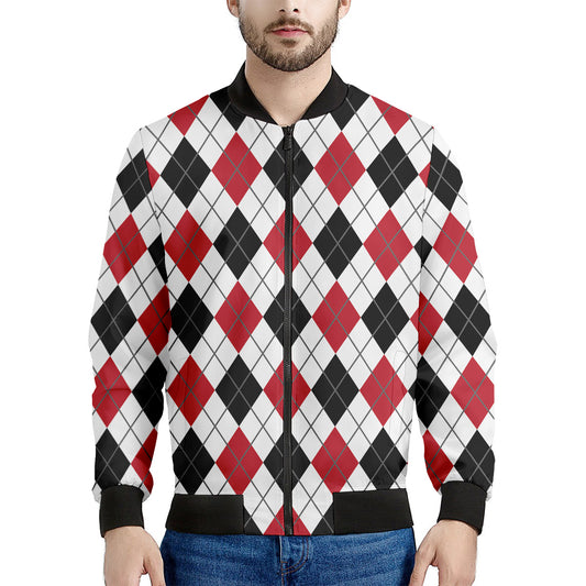 Red Black And White Argyle Pattern Print Men's Bomber Jacket