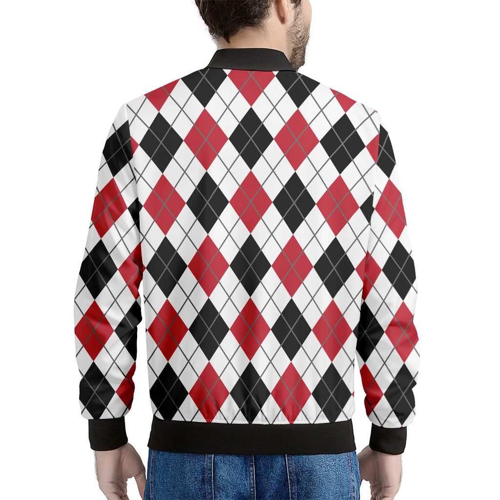 Red Black And White Argyle Pattern Print Men's Bomber Jacket