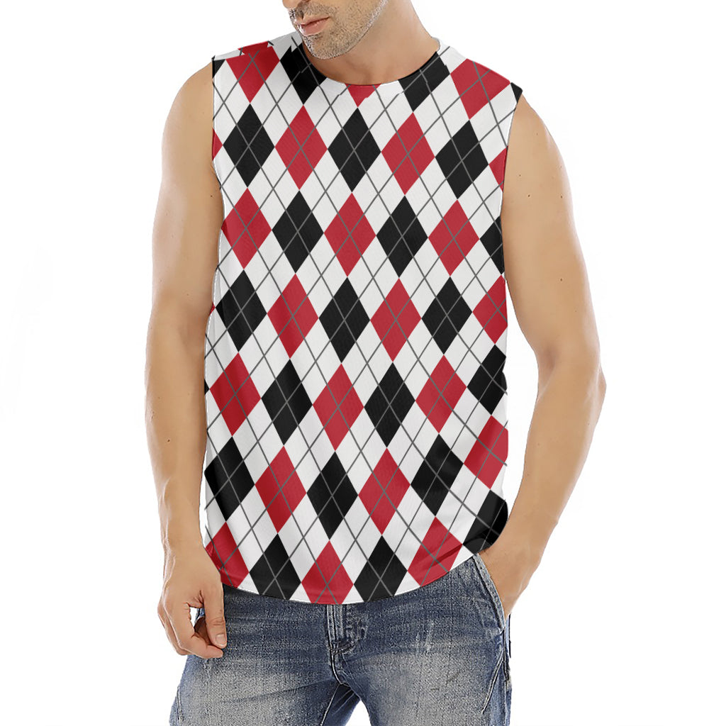 Red Black And White Argyle Pattern Print Men's Fitness Tank Top