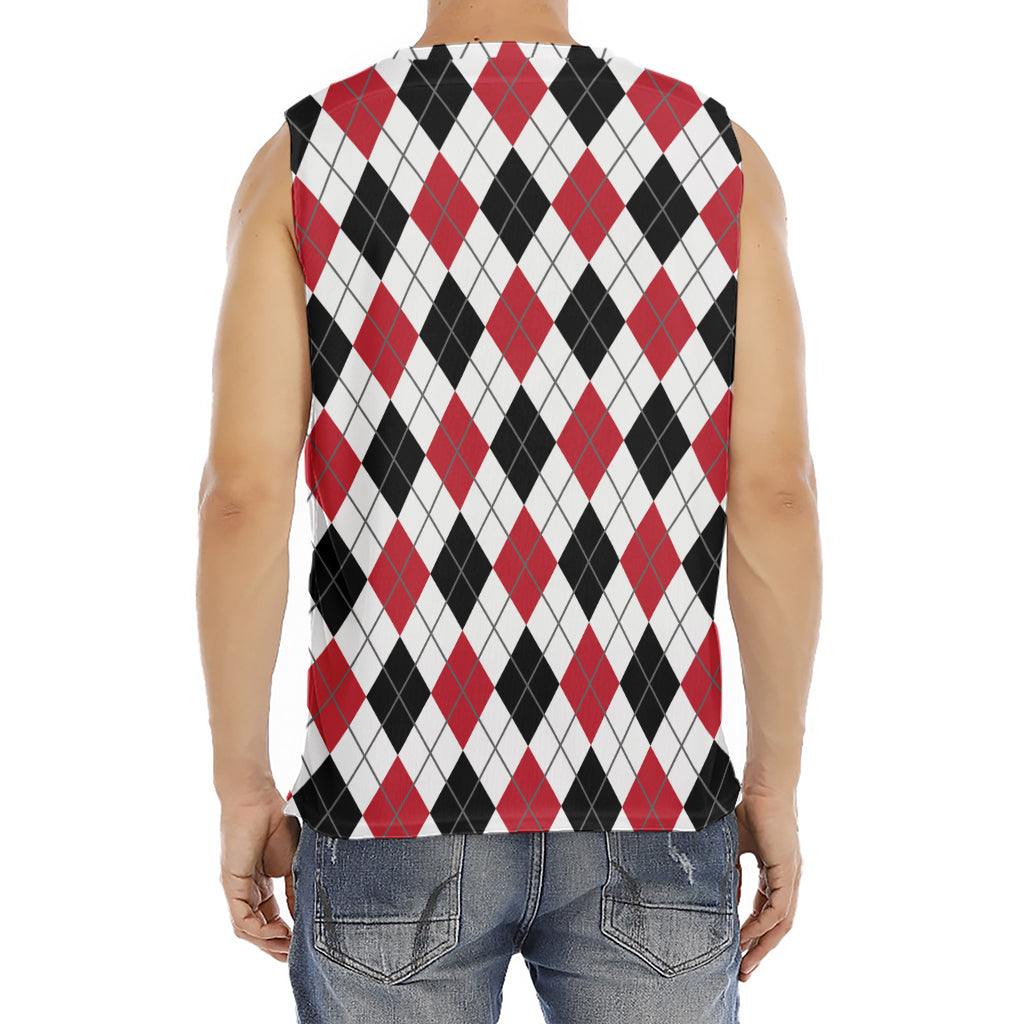 Red Black And White Argyle Pattern Print Men's Fitness Tank Top