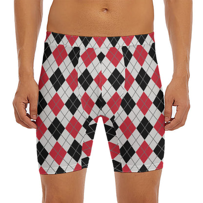 Red Black And White Argyle Pattern Print Men's Long Boxer Briefs