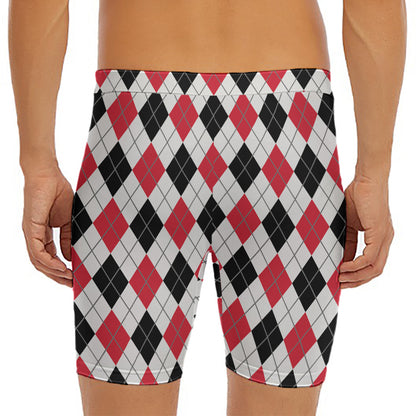 Red Black And White Argyle Pattern Print Men's Long Boxer Briefs