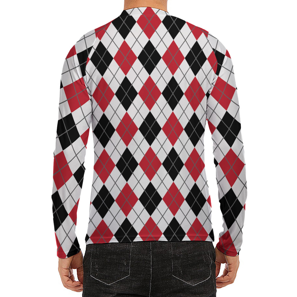 Red Black And White Argyle Pattern Print Men's Long Sleeve Rash Guard