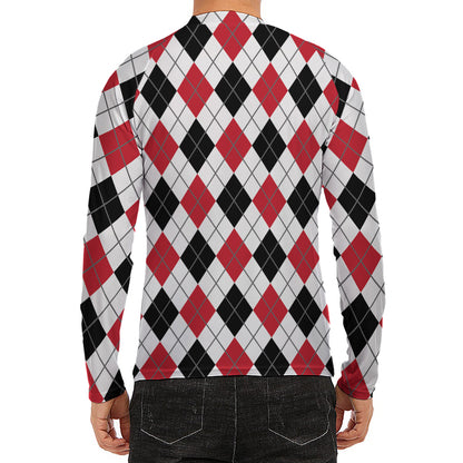 Red Black And White Argyle Pattern Print Men's Long Sleeve Rash Guard