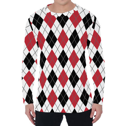Red Black And White Argyle Pattern Print Men's Long Sleeve T-Shirt