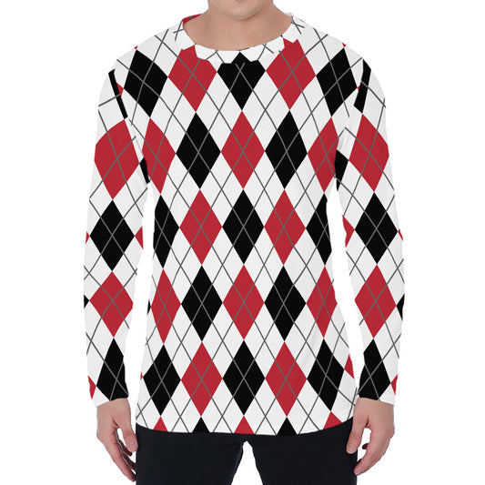 Red Black And White Argyle Pattern Print Men's Long Sleeve T-Shirt