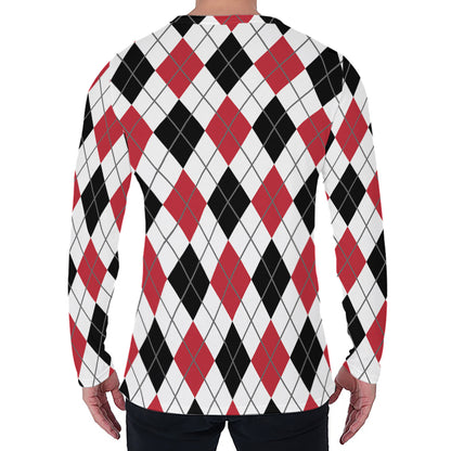 Red Black And White Argyle Pattern Print Men's Long Sleeve T-Shirt