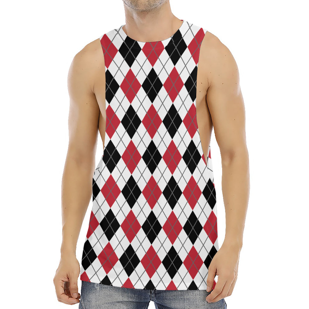 Red Black And White Argyle Pattern Print Men's Muscle Tank Top