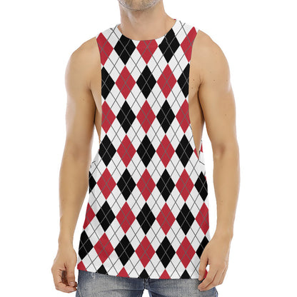 Red Black And White Argyle Pattern Print Men's Muscle Tank Top