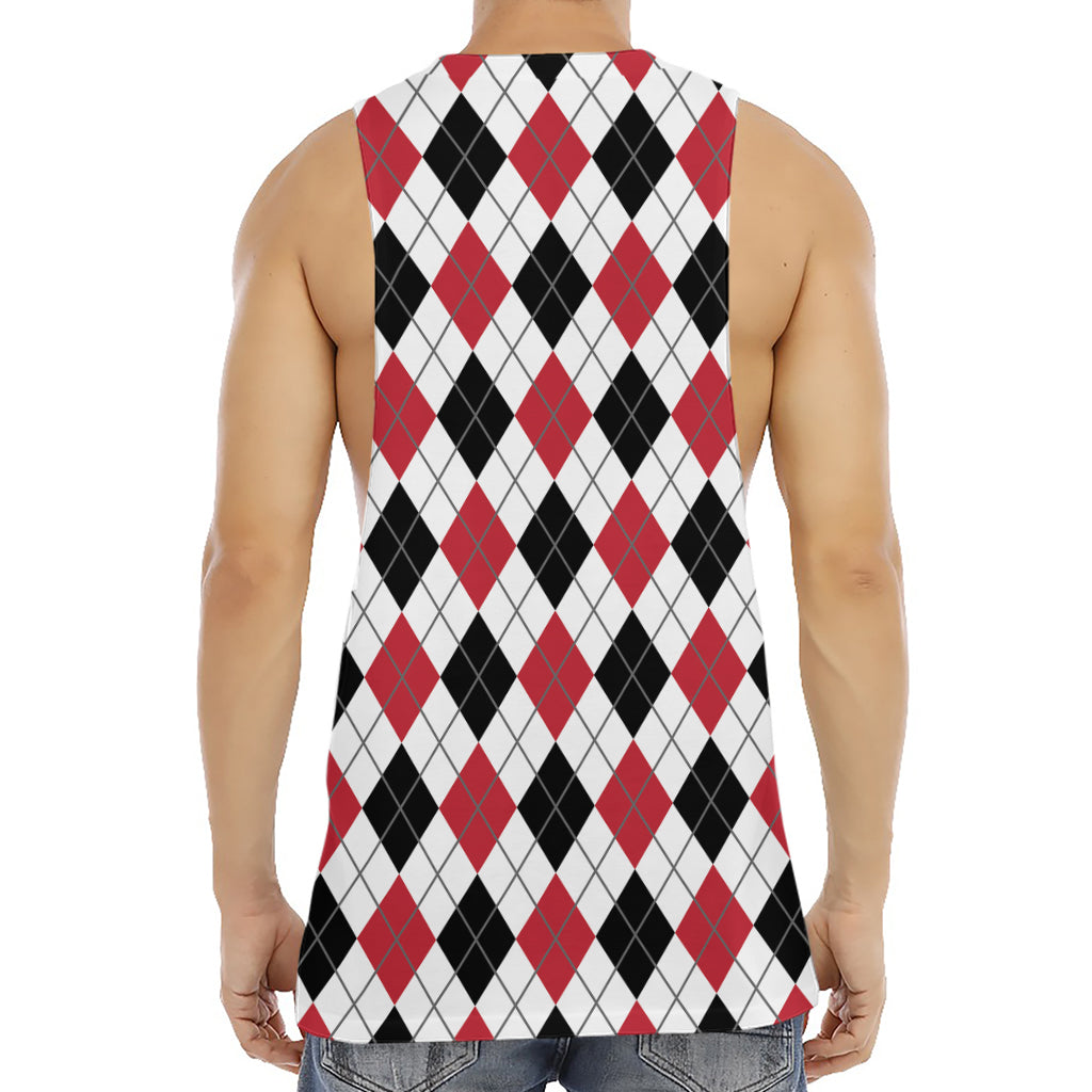 Red Black And White Argyle Pattern Print Men's Muscle Tank Top