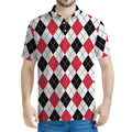 Red Black And White Argyle Pattern Print Men's Polo Shirt