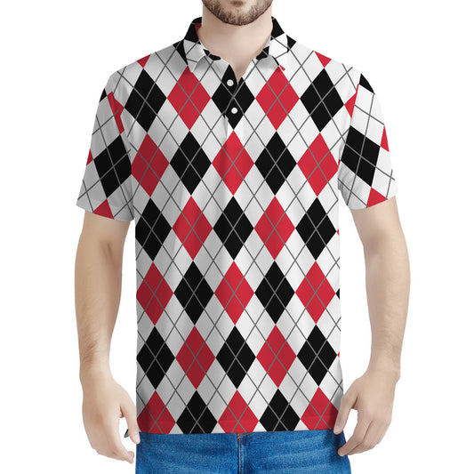 Red Black And White Argyle Pattern Print Men's Polo Shirt