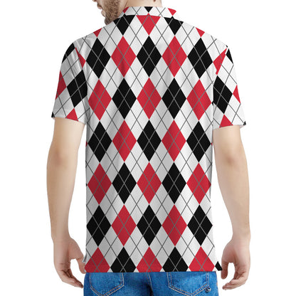 Red Black And White Argyle Pattern Print Men's Polo Shirt