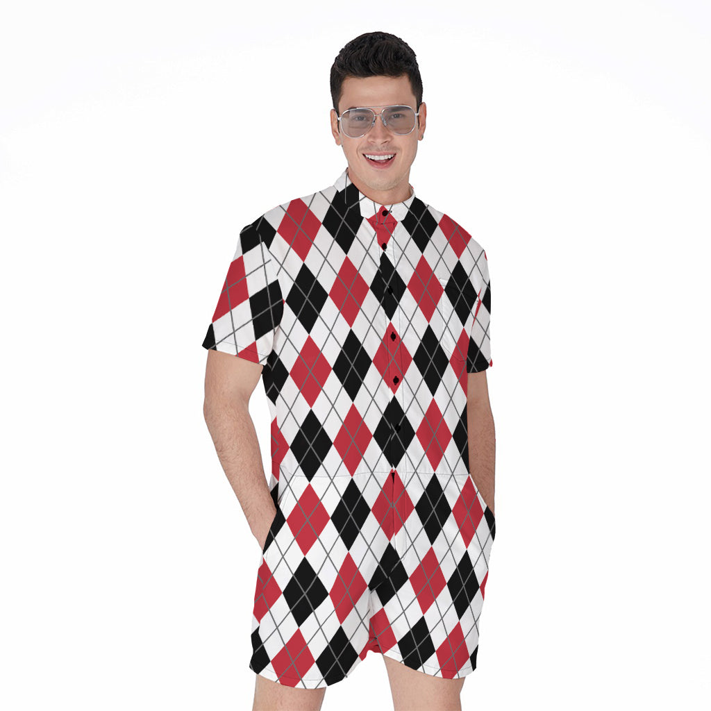 Red Black And White Argyle Pattern Print Men's Rompers