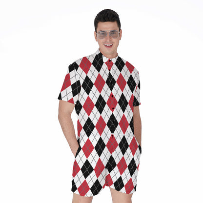 Red Black And White Argyle Pattern Print Men's Rompers