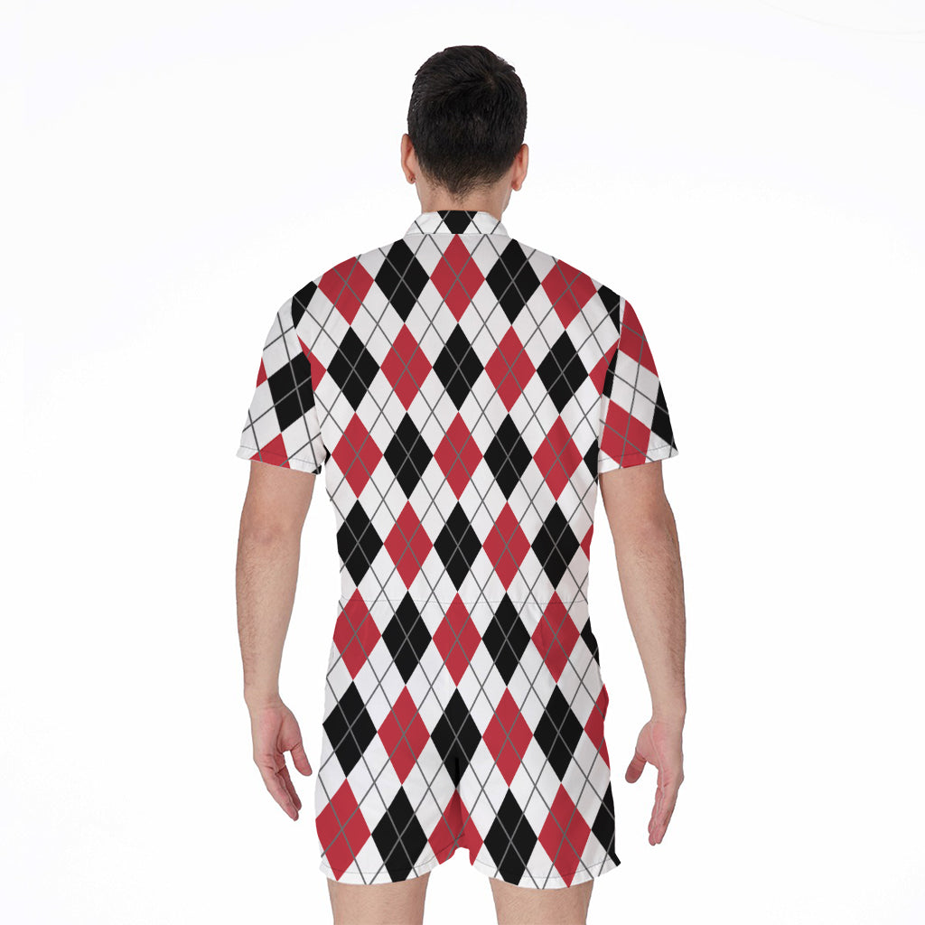 Red Black And White Argyle Pattern Print Men's Rompers