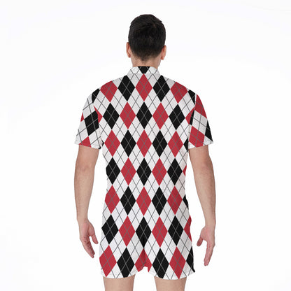 Red Black And White Argyle Pattern Print Men's Rompers