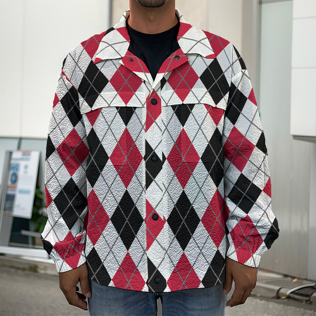 Red Black And White Argyle Pattern Print Men's Shirt Jacket