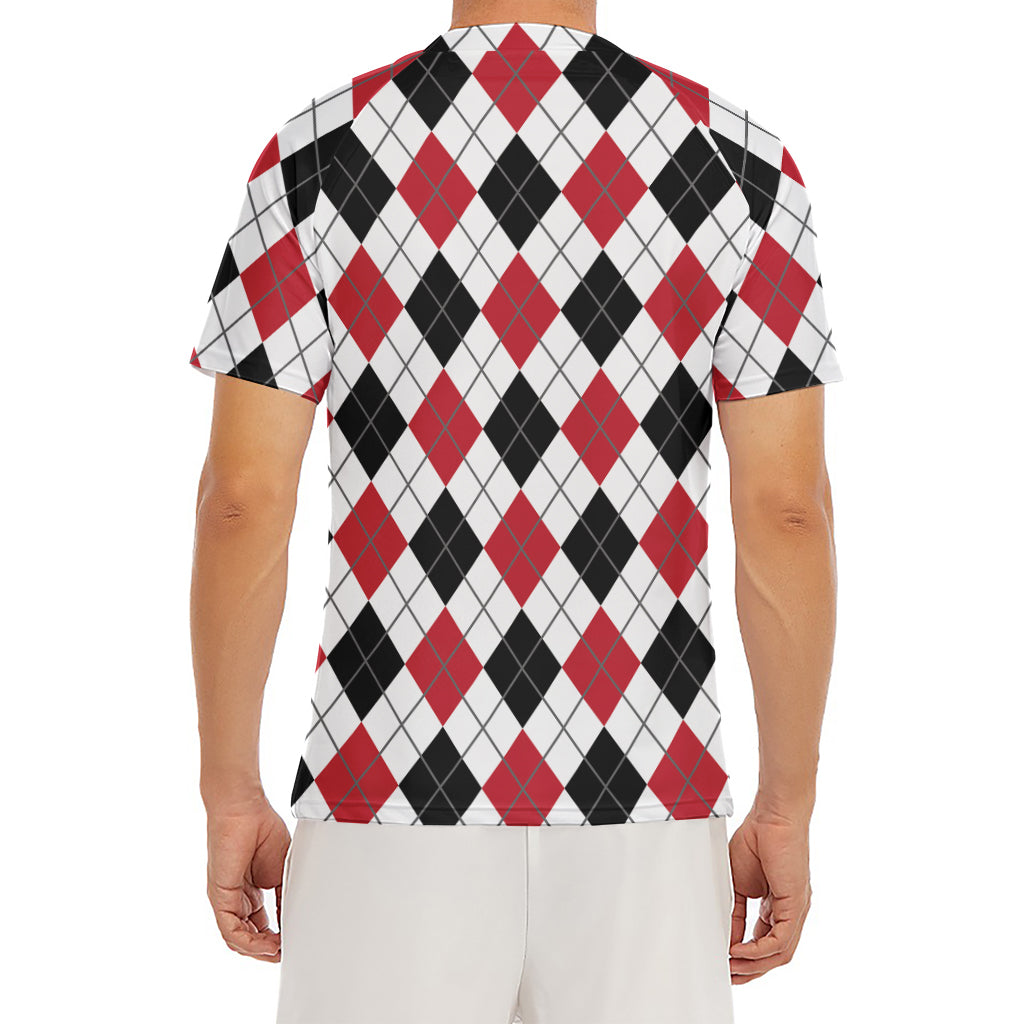 Red Black And White Argyle Pattern Print Men's Short Sleeve Rash Guard