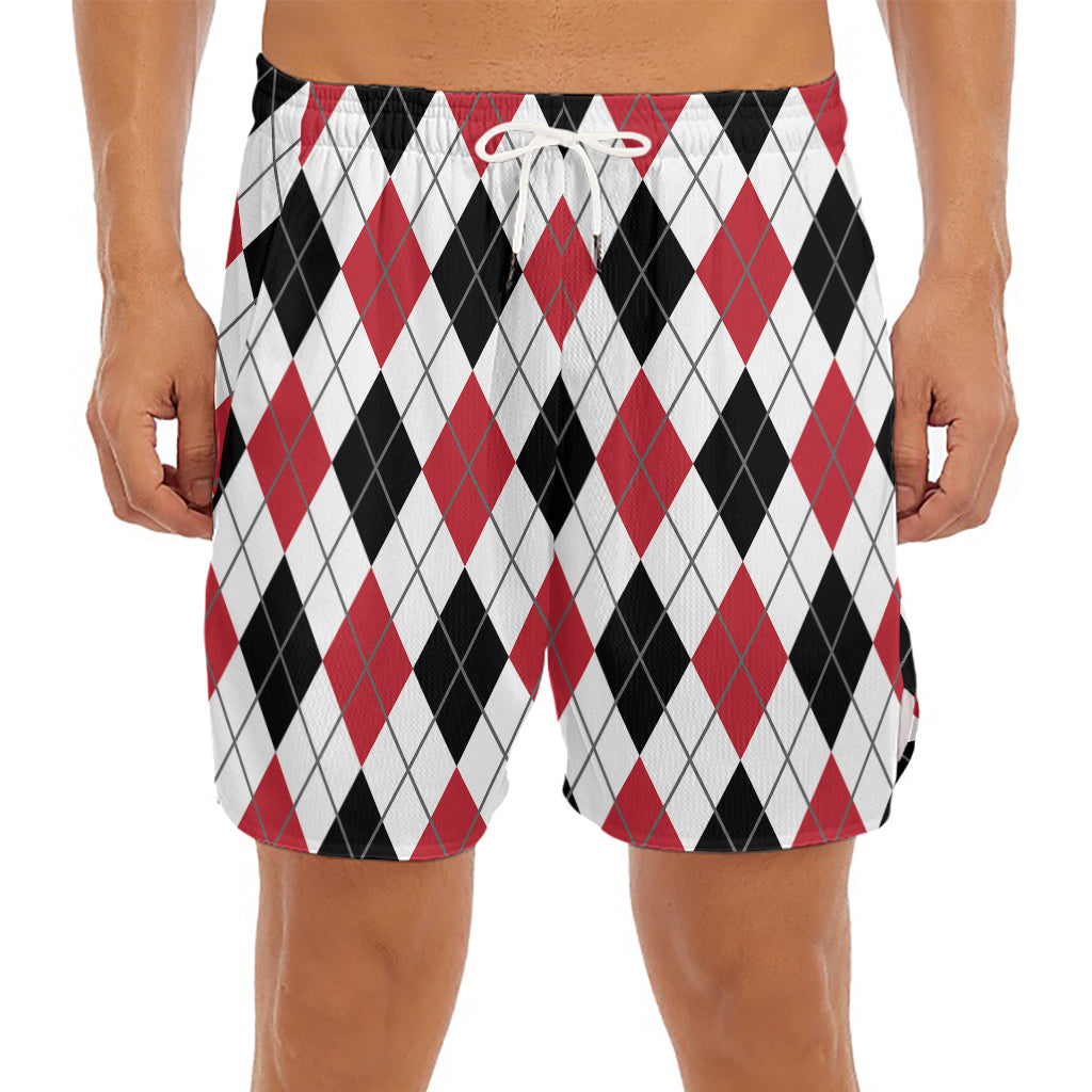 Red Black And White Argyle Pattern Print Men's Split Running Shorts