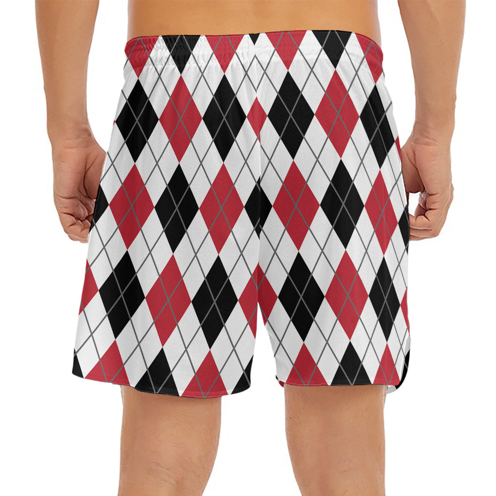 Red Black And White Argyle Pattern Print Men's Split Running Shorts
