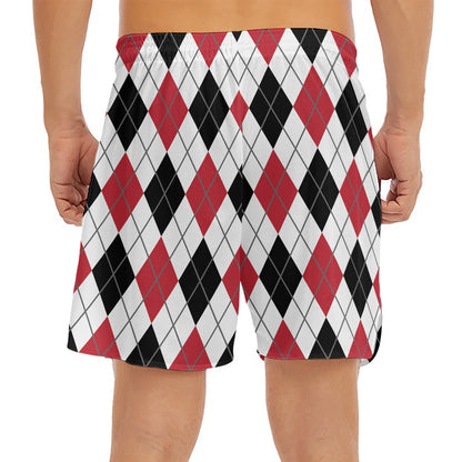 Red Black And White Argyle Pattern Print Men's Split Running Shorts