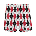 Red Black And White Argyle Pattern Print Men's Sports Shorts