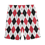 Red Black And White Argyle Pattern Print Men's Sports Shorts