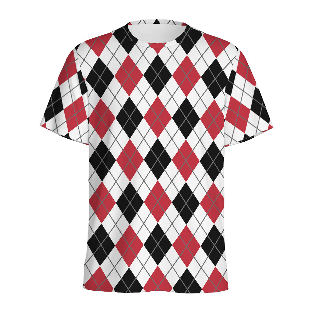 Red Black And White Argyle Pattern Print Men's Sports T-Shirt