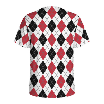 Red Black And White Argyle Pattern Print Men's Sports T-Shirt