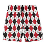 Red Black And White Argyle Pattern Print Men's Swim Trunks