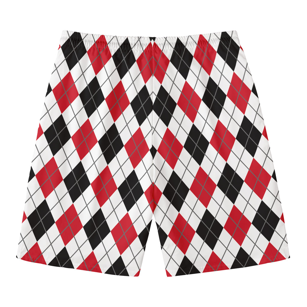 Red Black And White Argyle Pattern Print Men's Swim Trunks
