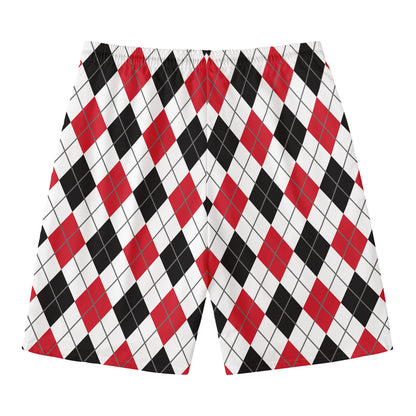 Red Black And White Argyle Pattern Print Men's Swim Trunks