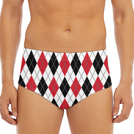 Red Black And White Argyle Pattern Print Men's Triangle Swim Briefs