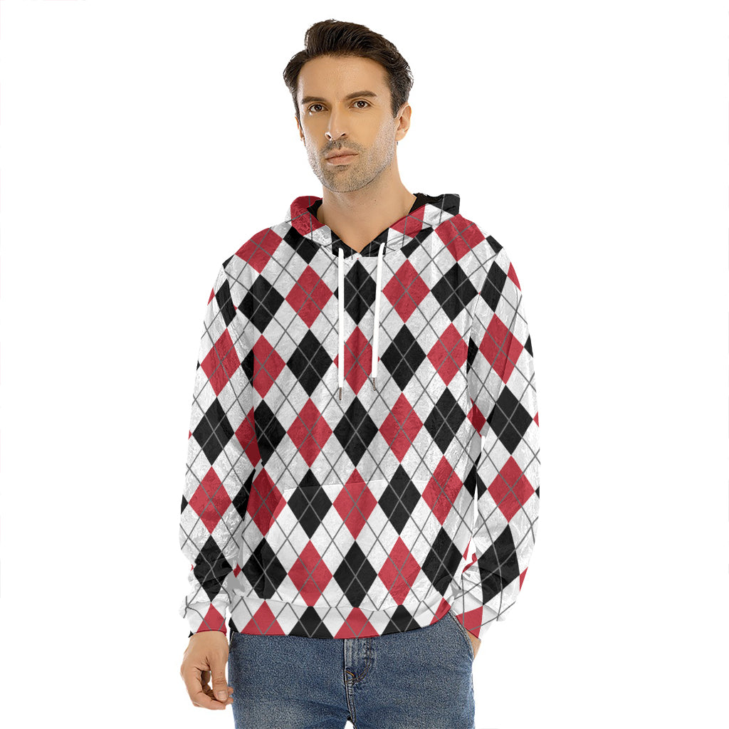Red Black And White Argyle Pattern Print Men's Velvet Pullover Hoodie