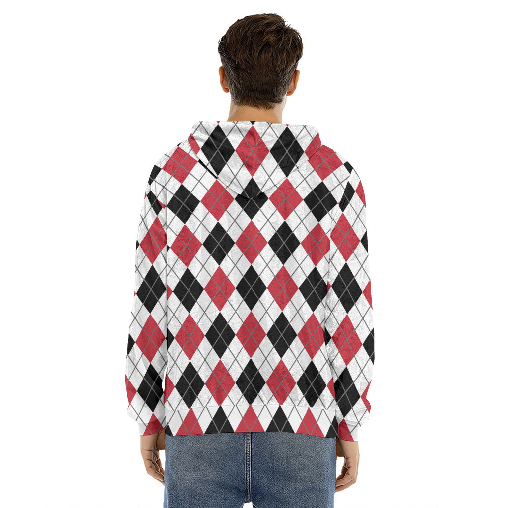 Red Black And White Argyle Pattern Print Men's Velvet Pullover Hoodie