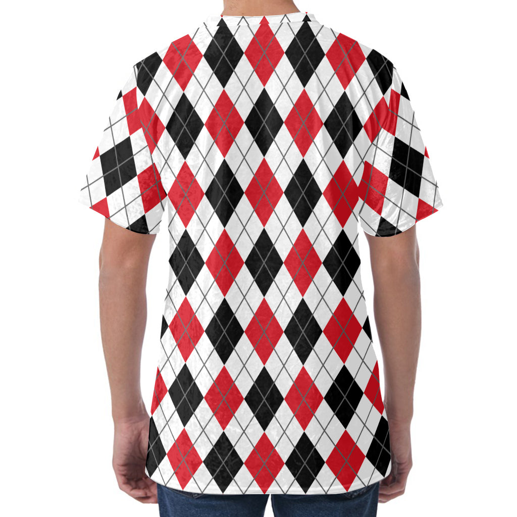 Red Black And White Argyle Pattern Print Men's Velvet T-Shirt