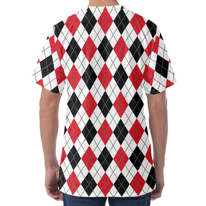 Red Black And White Argyle Pattern Print Men's Velvet T-Shirt