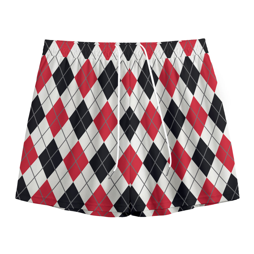 Red Black And White Argyle Pattern Print Mesh Shorts