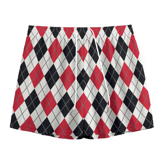 Red Black And White Argyle Pattern Print Mesh Shorts